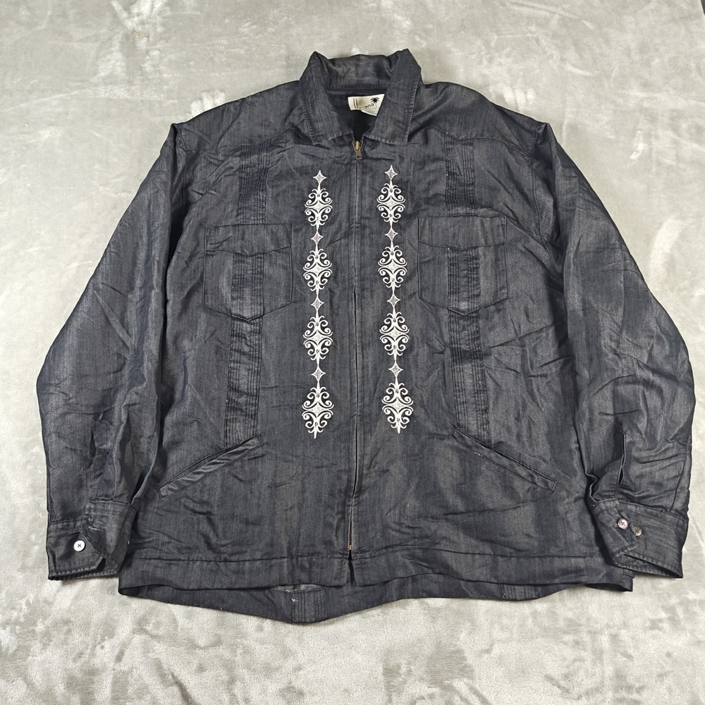 Havana Shirt Co Jacket Mens XL Black Guayabera Full Zip Rayon Blend Embroidered